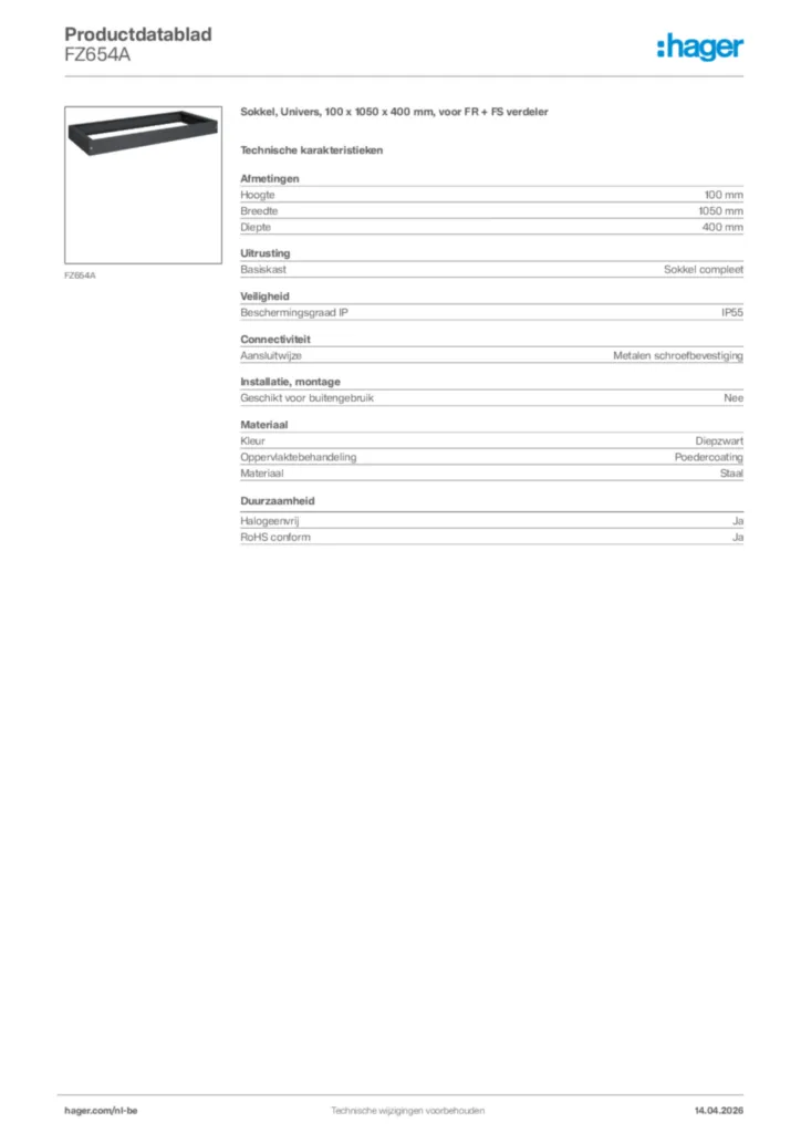 Afbeelding Hager Productdatablad FZ654A | Hager Belgium