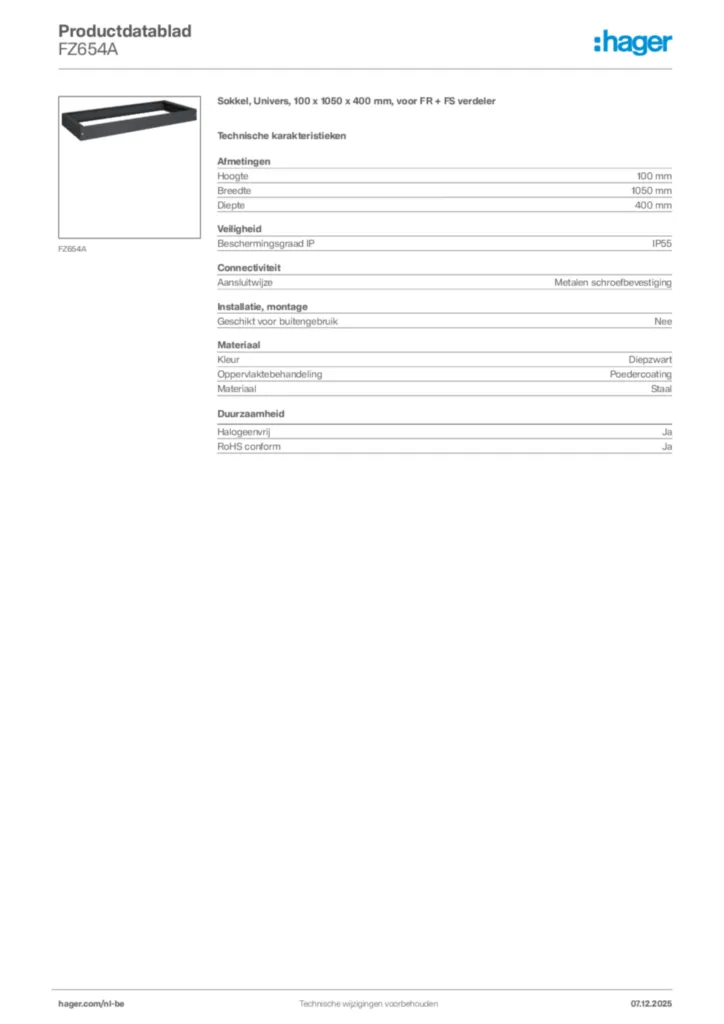 Afbeelding Hager Productdatablad FZ654A | Hager Belgium