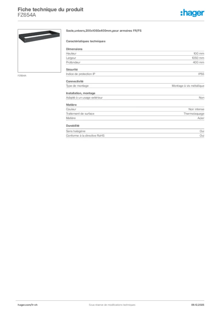 Image Hager Fiche technique du produit FZ654A | Hager Suisse