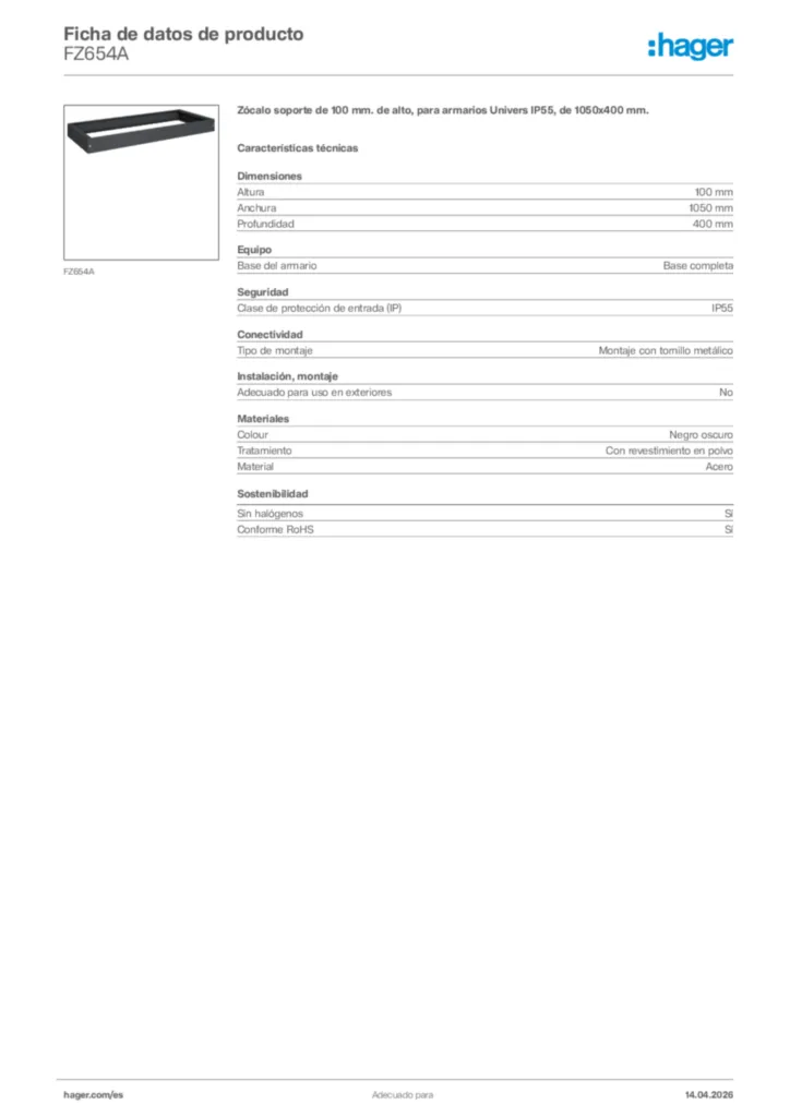 Imagen Hager Ficha de datos de producto FZ654A | Hager España