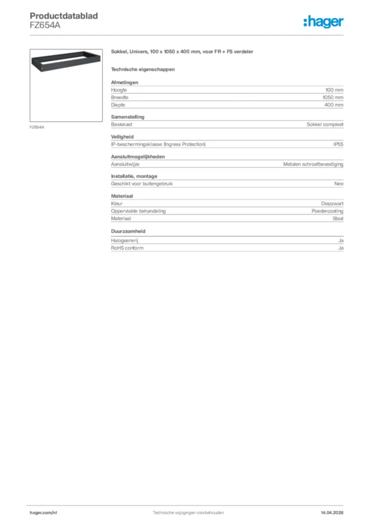 Afbeelding Hager Productdatablad FZ654A | Hager Nederland