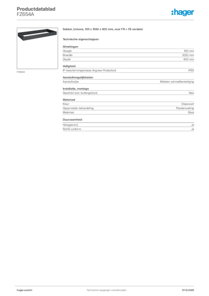 Afbeelding Hager Productdatablad FZ654A | Hager Nederland