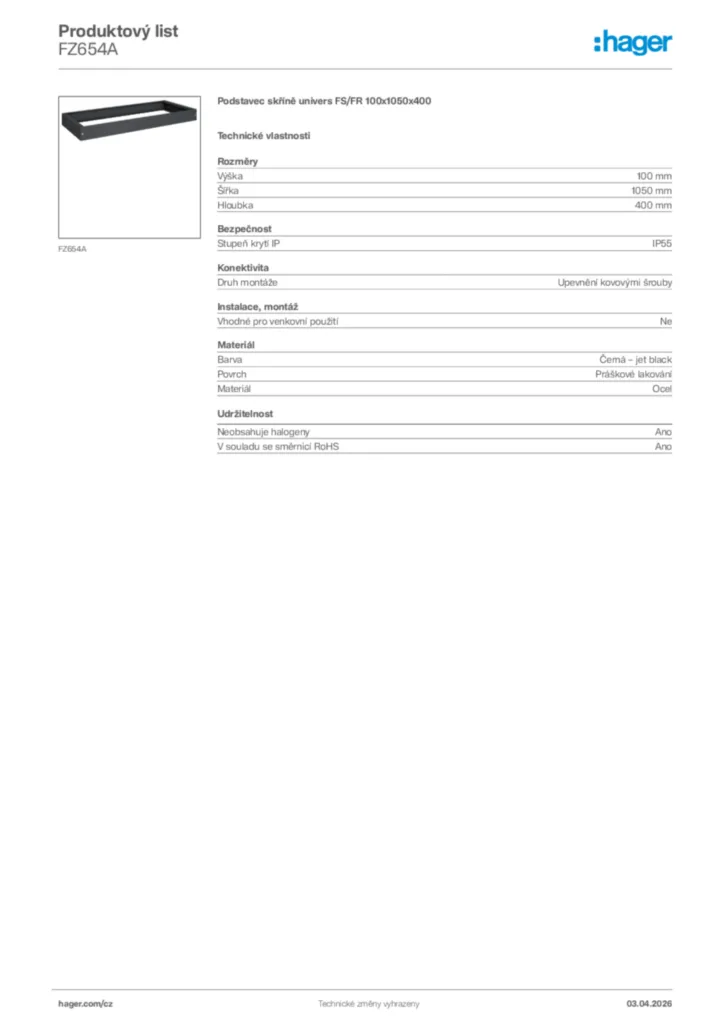 Obrázek Hager Product data sheet FZ654A | Hager