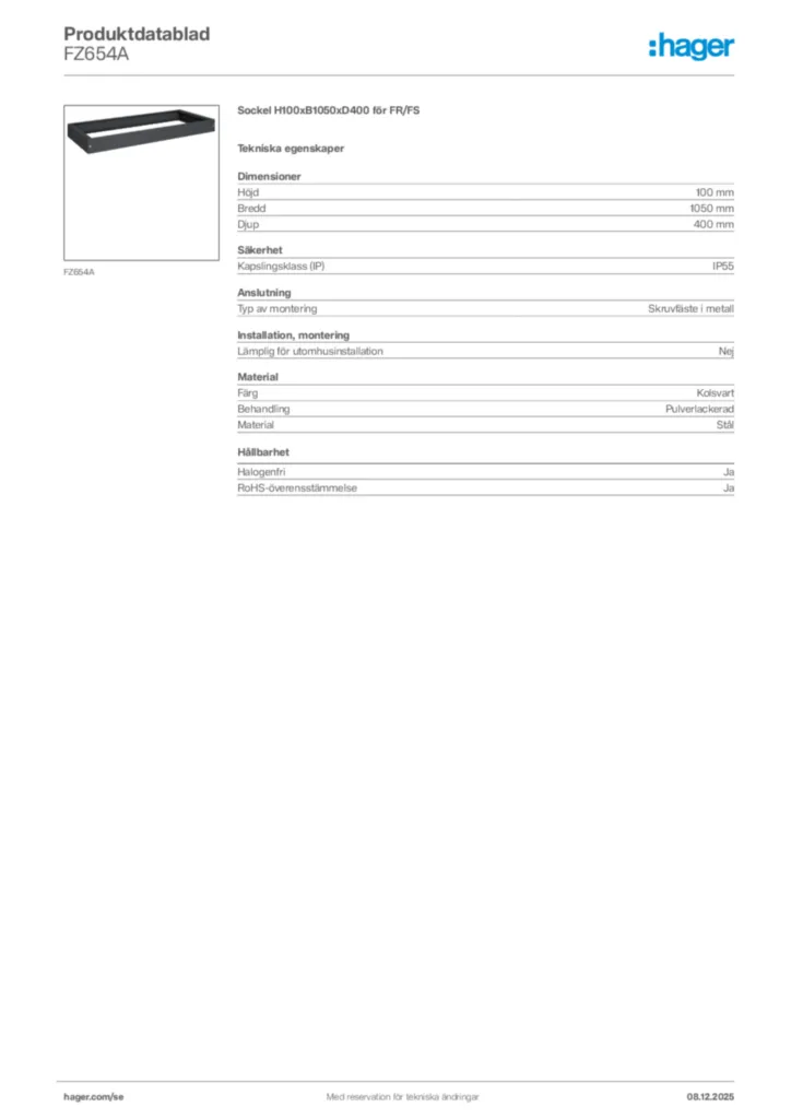 Bild Hager Produktdatablad FZ654A | Hager Sverige