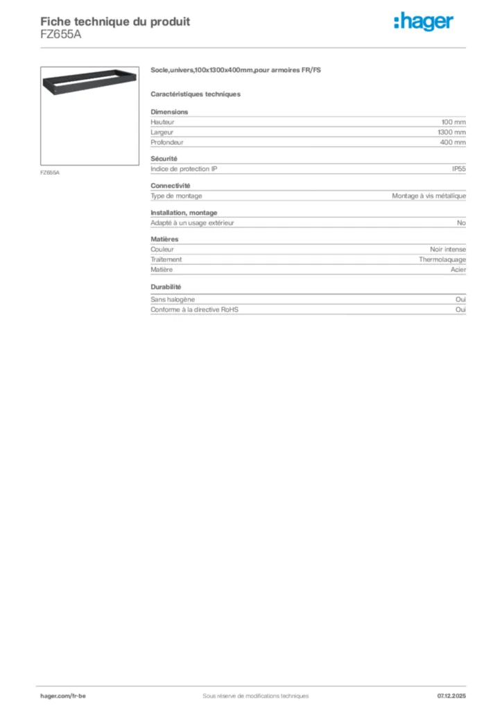 Image Hager Fiche technique du produit FZ655A | Hager Belgique