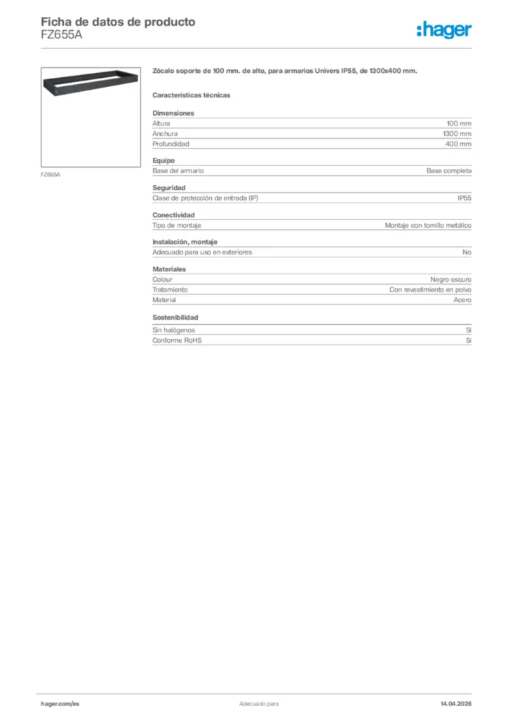 Imagen Hager Ficha de datos de producto FZ655A | Hager España