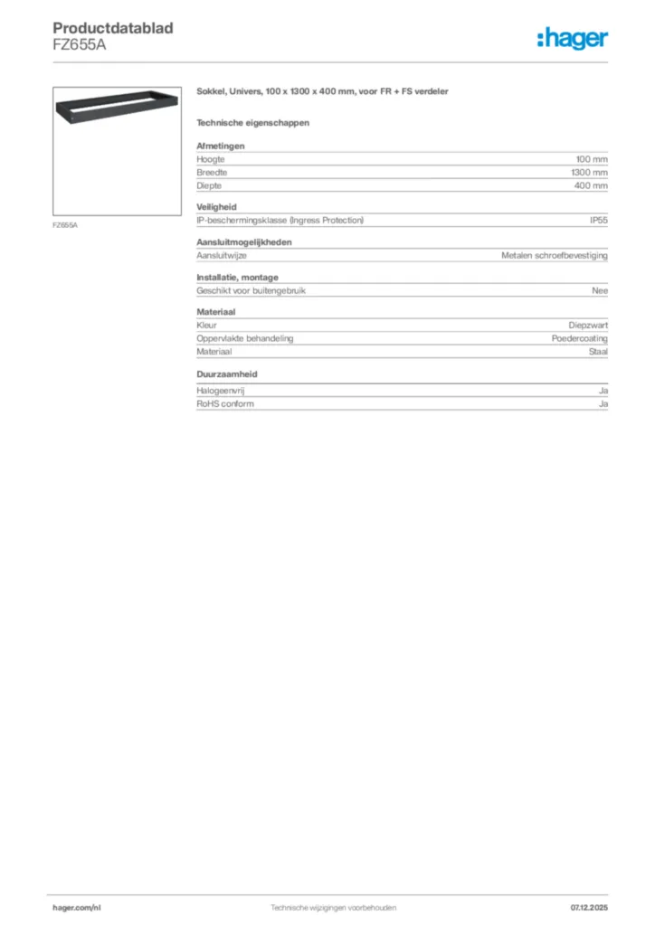 Afbeelding Hager Productdatablad FZ655A | Hager Nederland