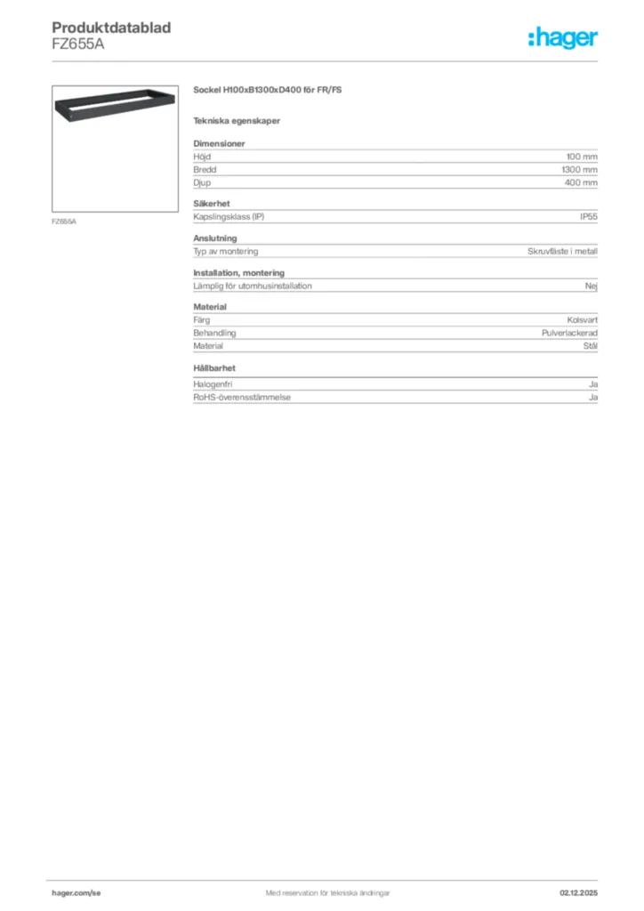 Bild Hager Produktdatablad FZ655A | Hager Sverige