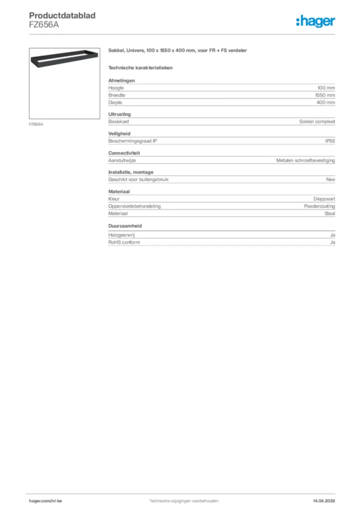 Afbeelding Hager Productdatablad FZ656A | Hager Belgium
