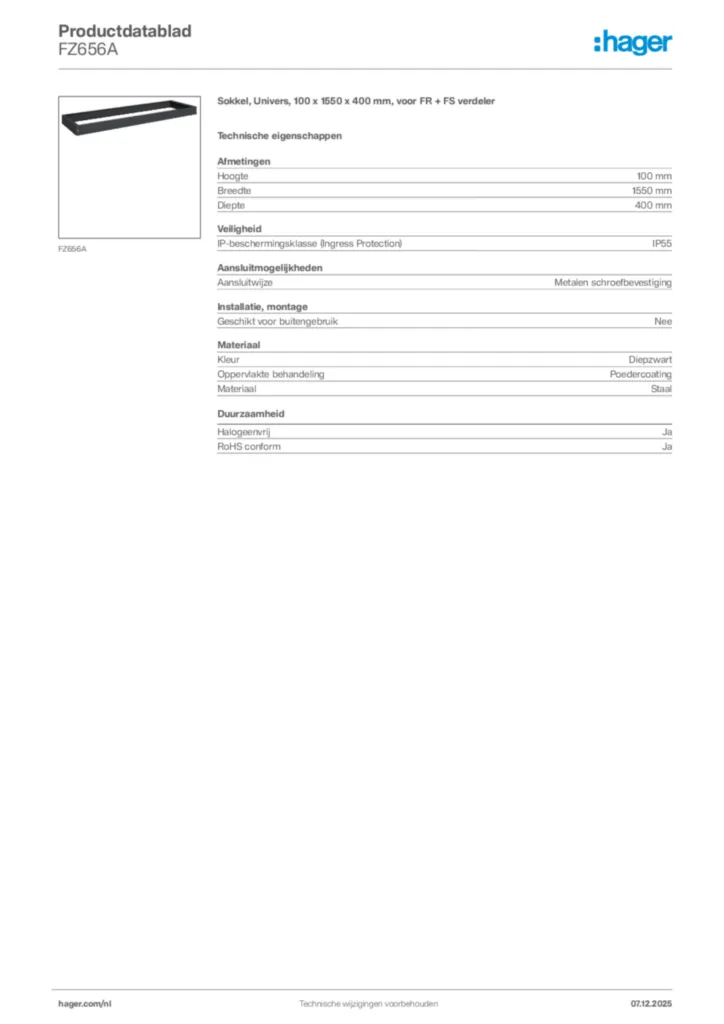 Afbeelding Hager Productdatablad FZ656A | Hager Nederland
