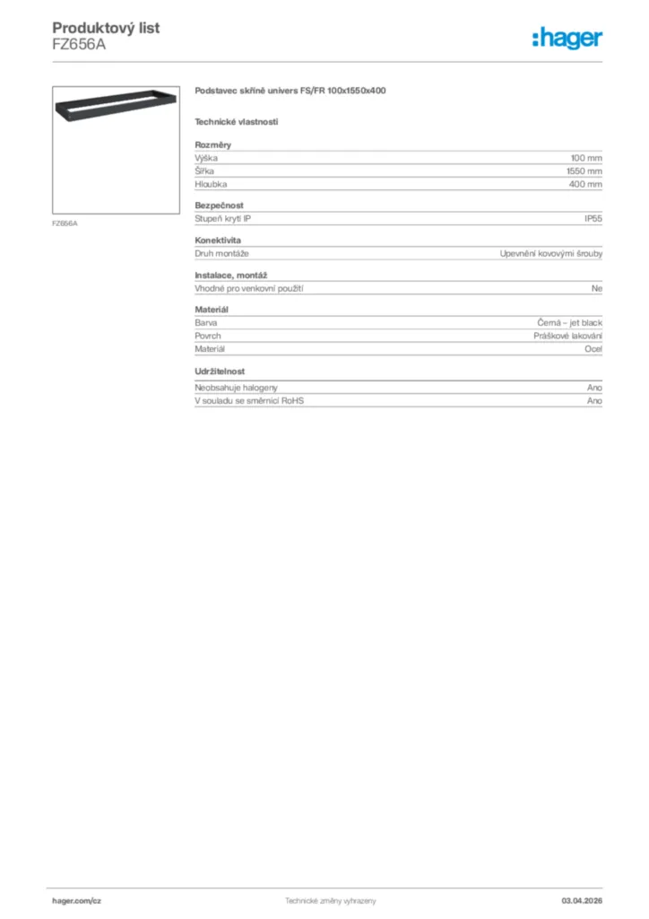 Obrázek Hager Product data sheet FZ656A | Hager