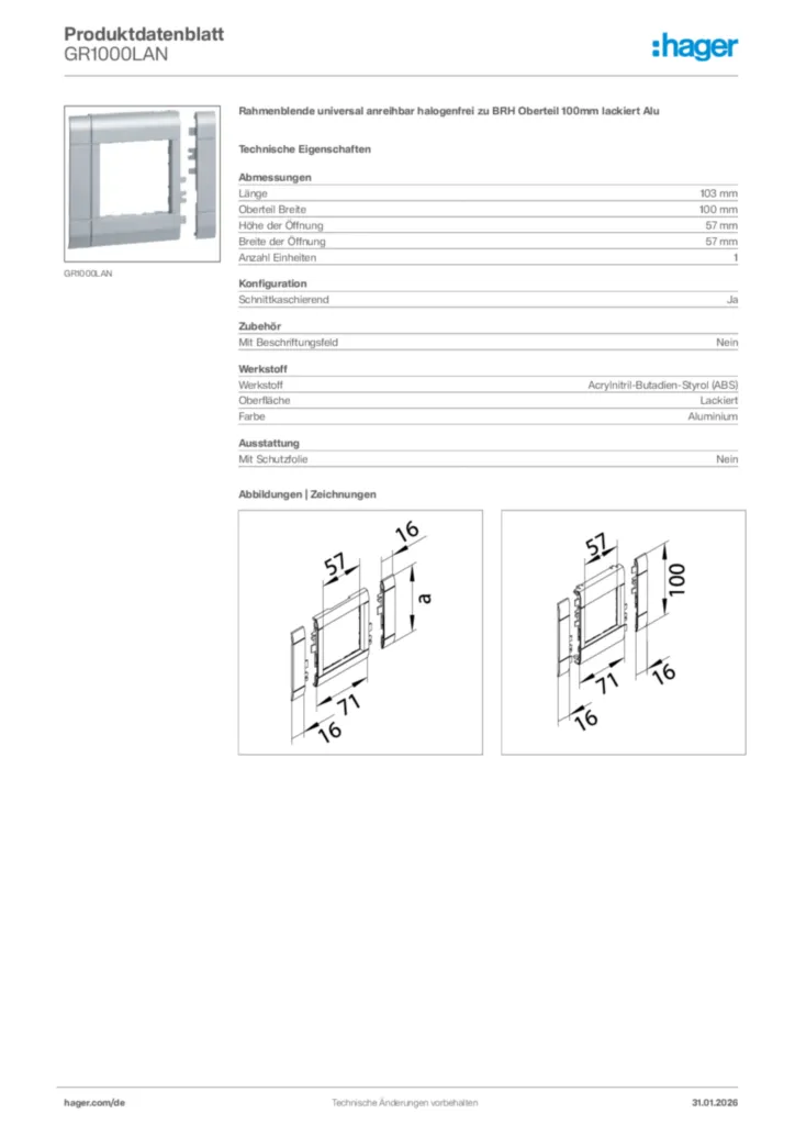 Bild Hager Produktdatenblatt GR1000LAN | Hager Deutschland