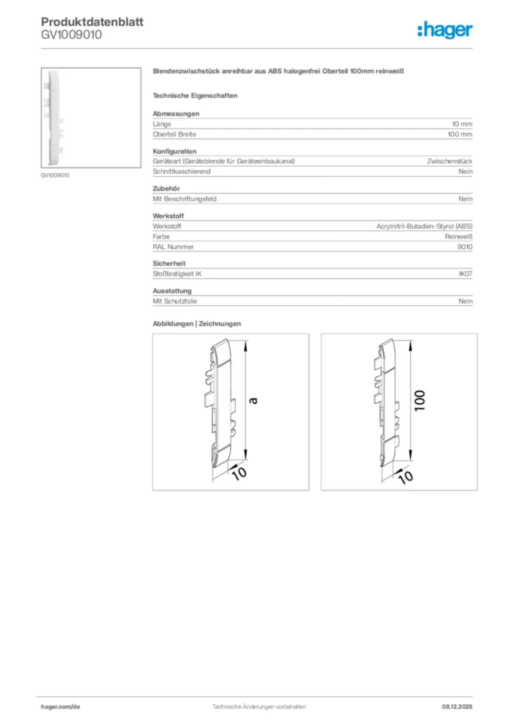 Bild Hager Produktdatenblatt GV1009010 | Hager Deutschland