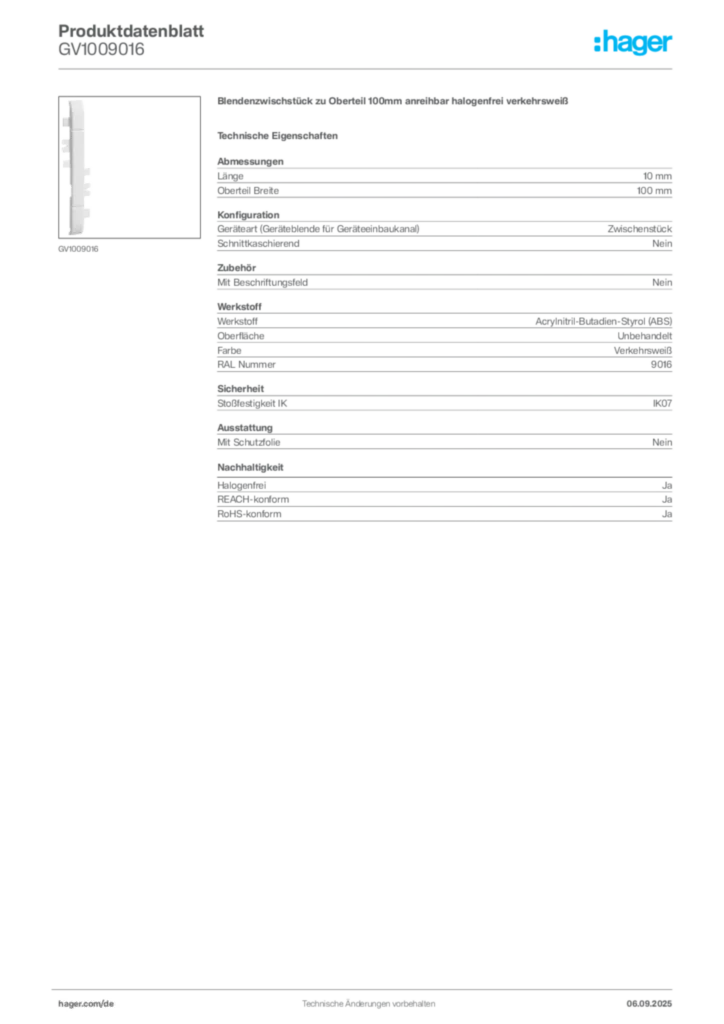 Bild Hager Produktdatenblatt GV1009016 | Hager Deutschland