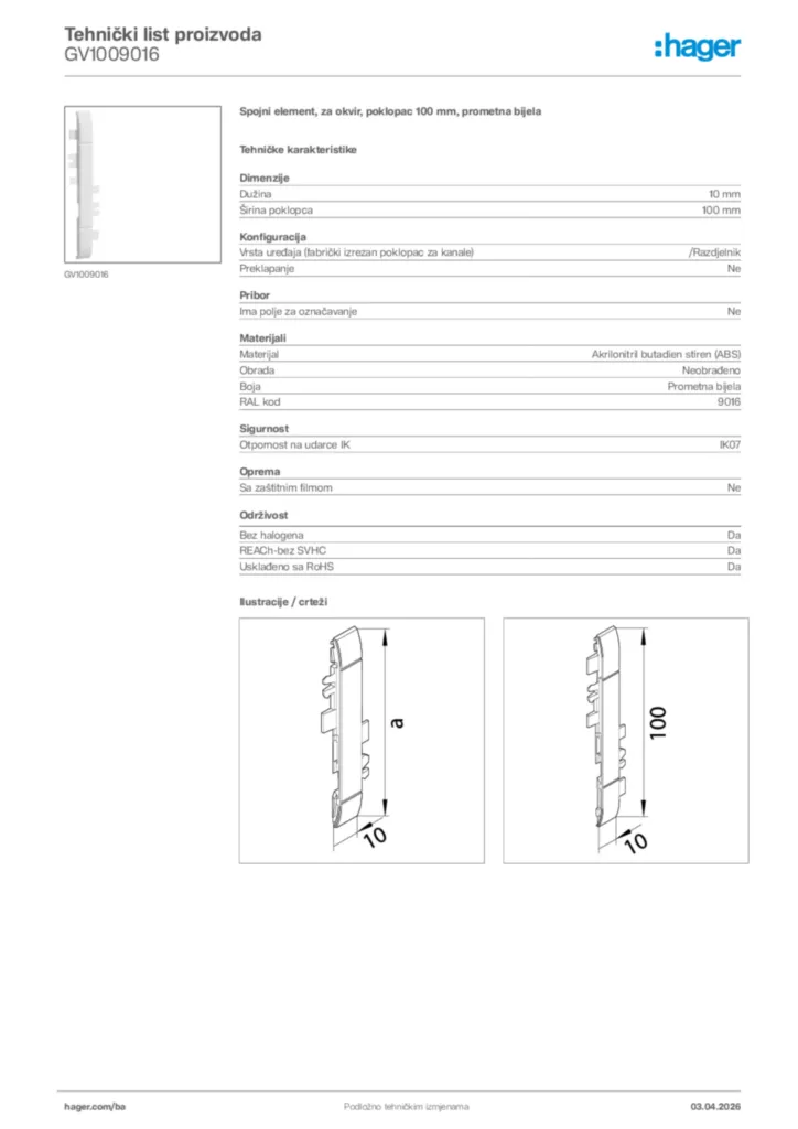 Slika Hager Tehnički list proizvoda GV1009016  | Hager