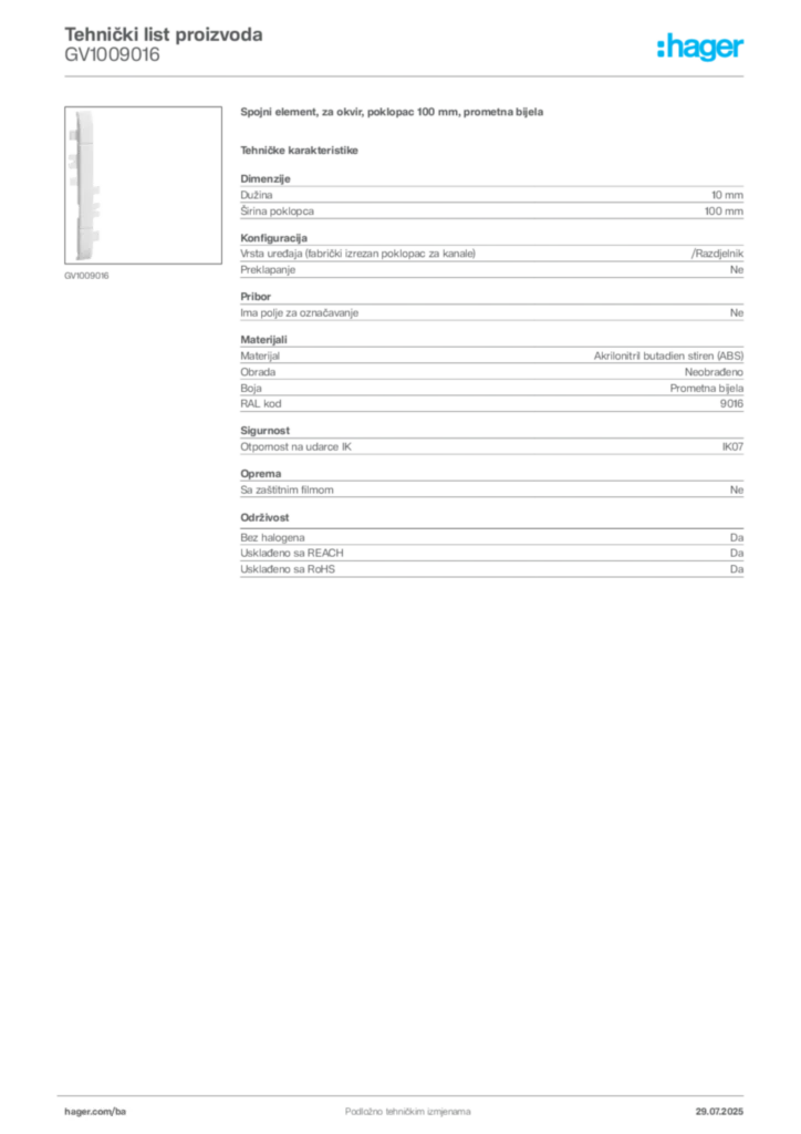 Slika Hager Product data sheet GV1009016  | Hager