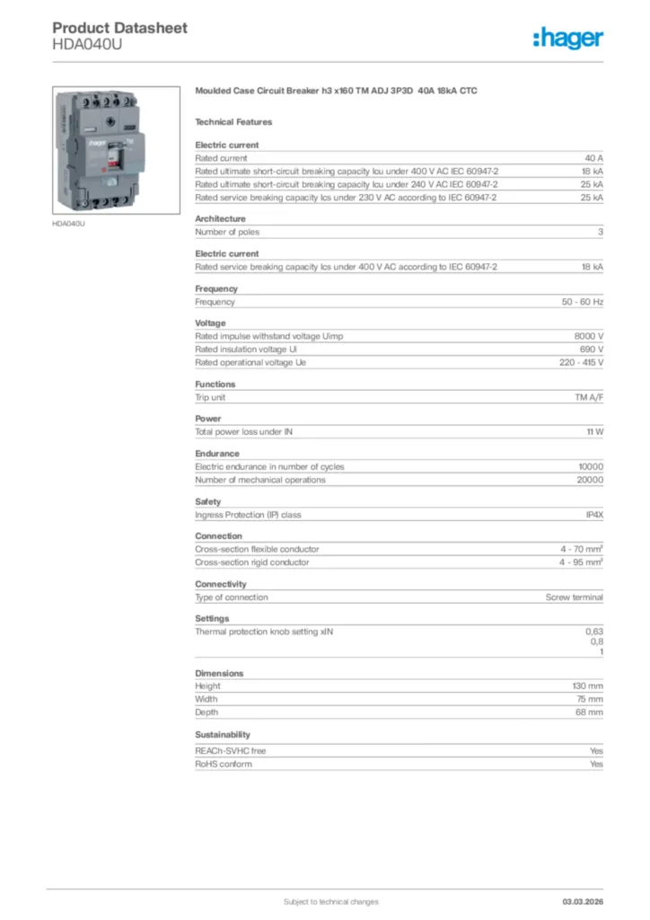 Image Hager Product data sheet HDA040U  | Hager