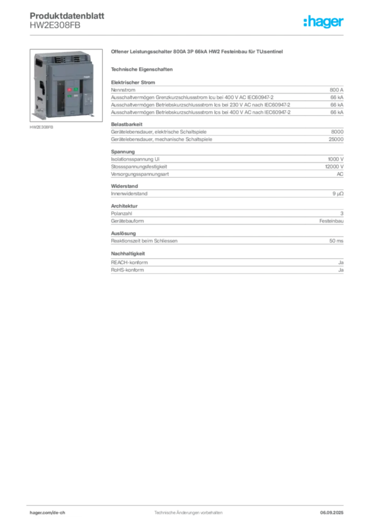 Bild Hager Produktdatenblatt HW2E308FB | Hager Schweiz