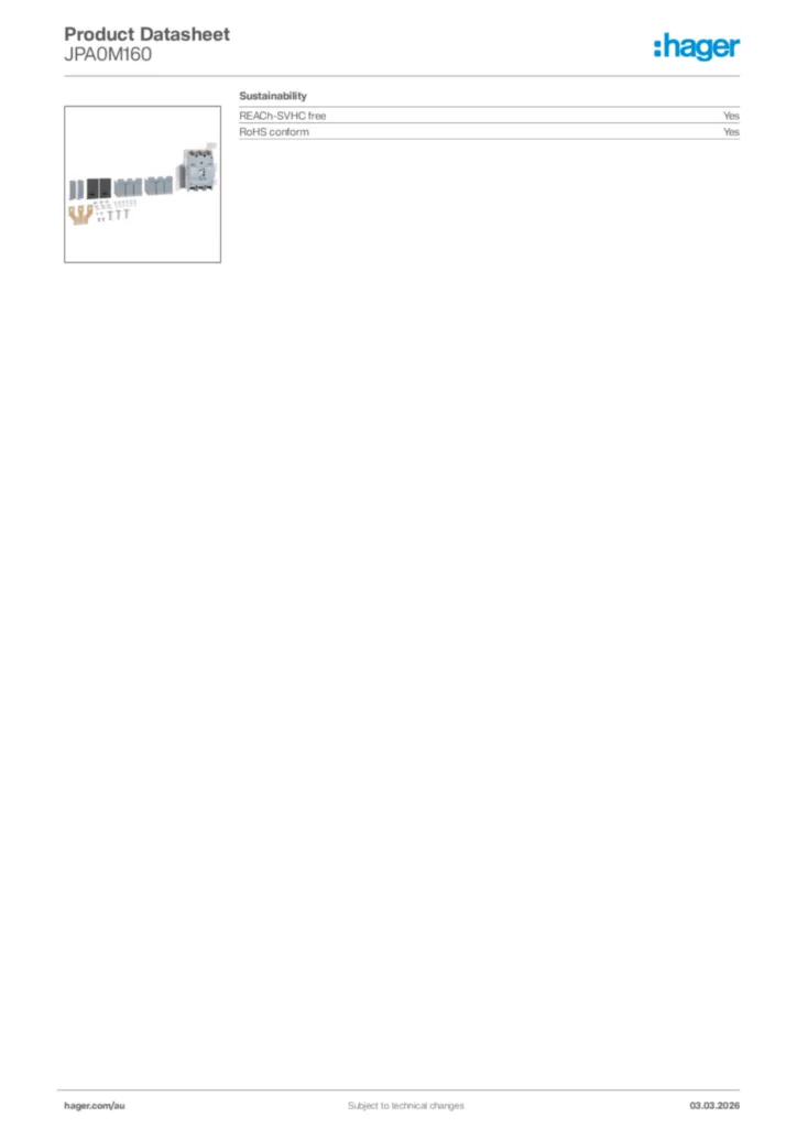 Image Hager Product data sheet JPA0M160  | Hager Australia