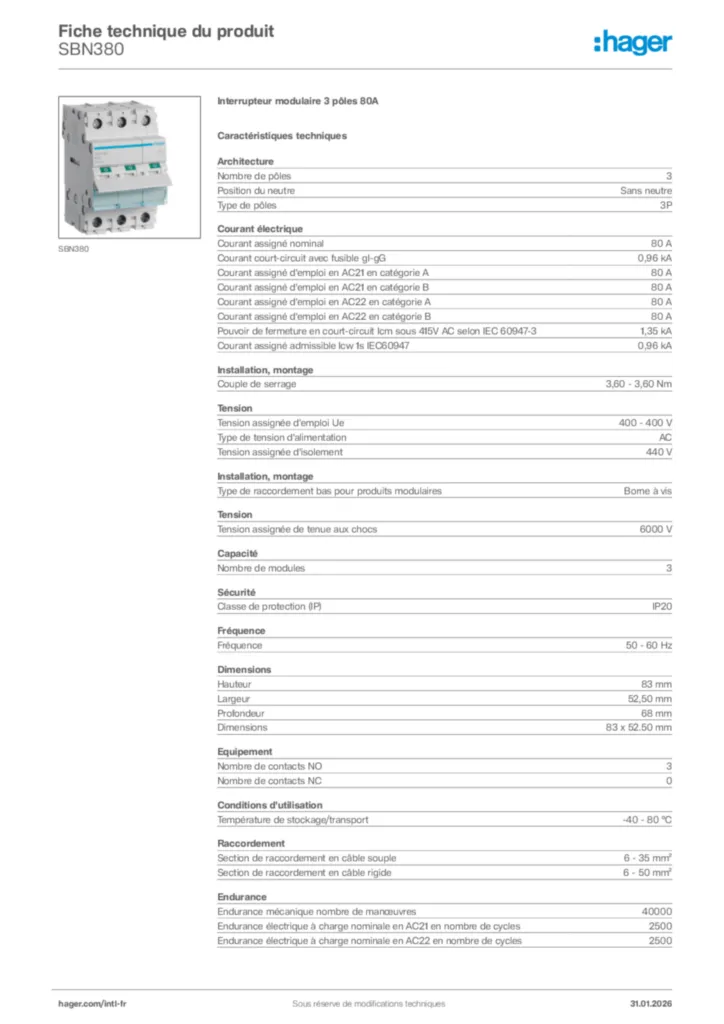 Image Hager Fiche technique du produit SBN380 | Hager Afrique