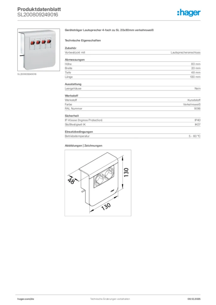 Bild Hager Produktdatenblatt SL200809249016 | Hager Deutschland