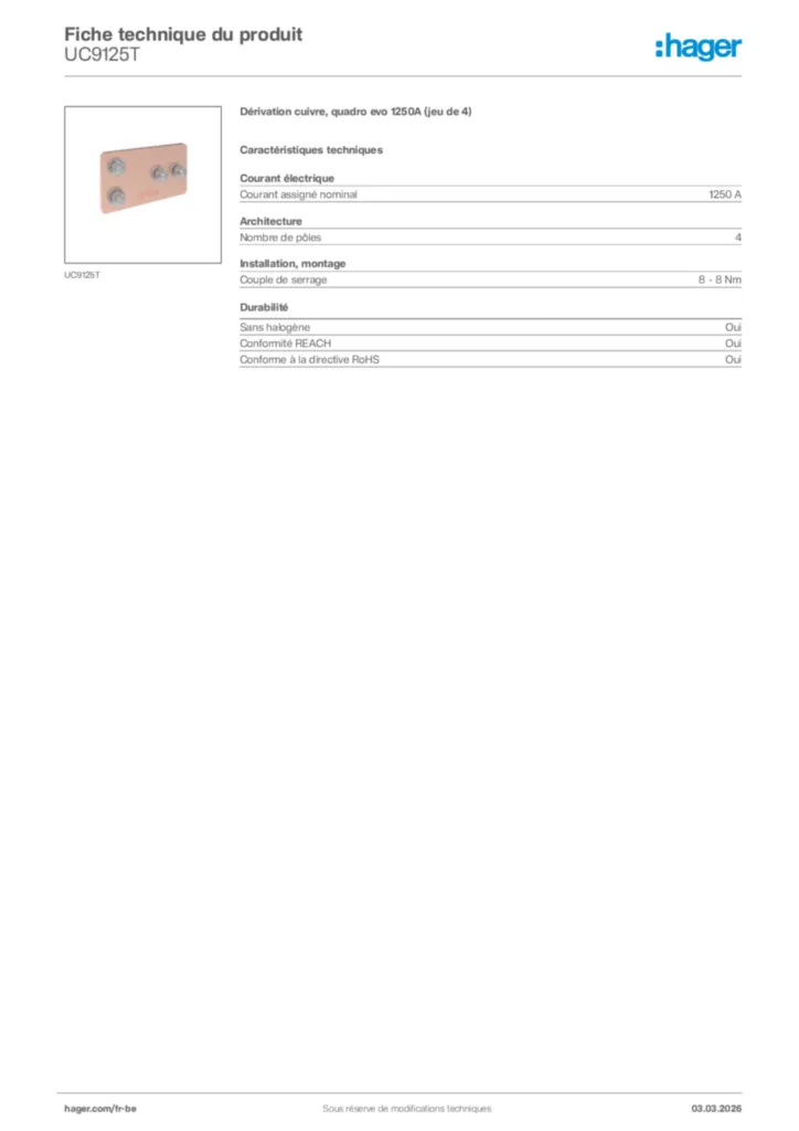 Image Hager Fiche technique du produit UC9125T | Hager Belgique