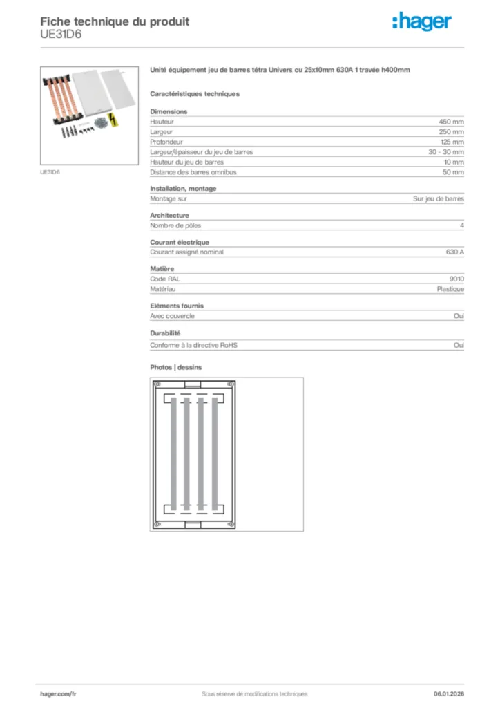 Image Hager Fiche technique du produit UE31D6 | Hager France