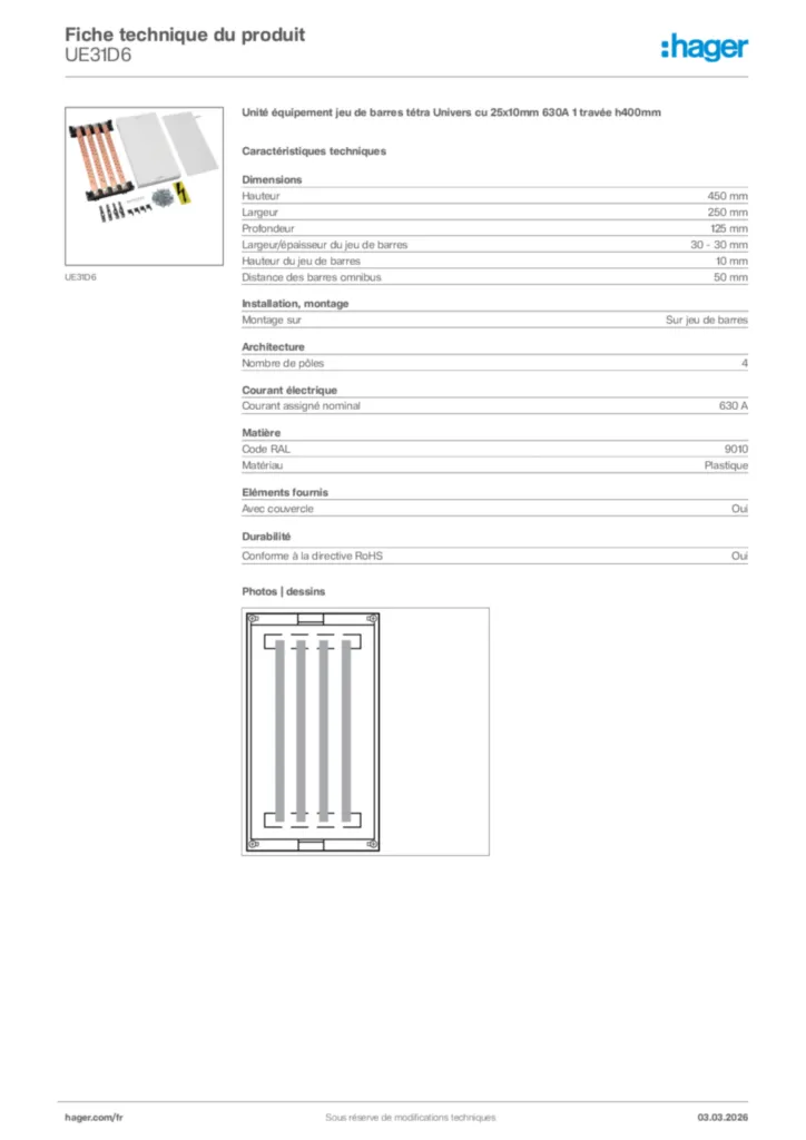 Image Hager Fiche technique du produit UE31D6 | Hager France