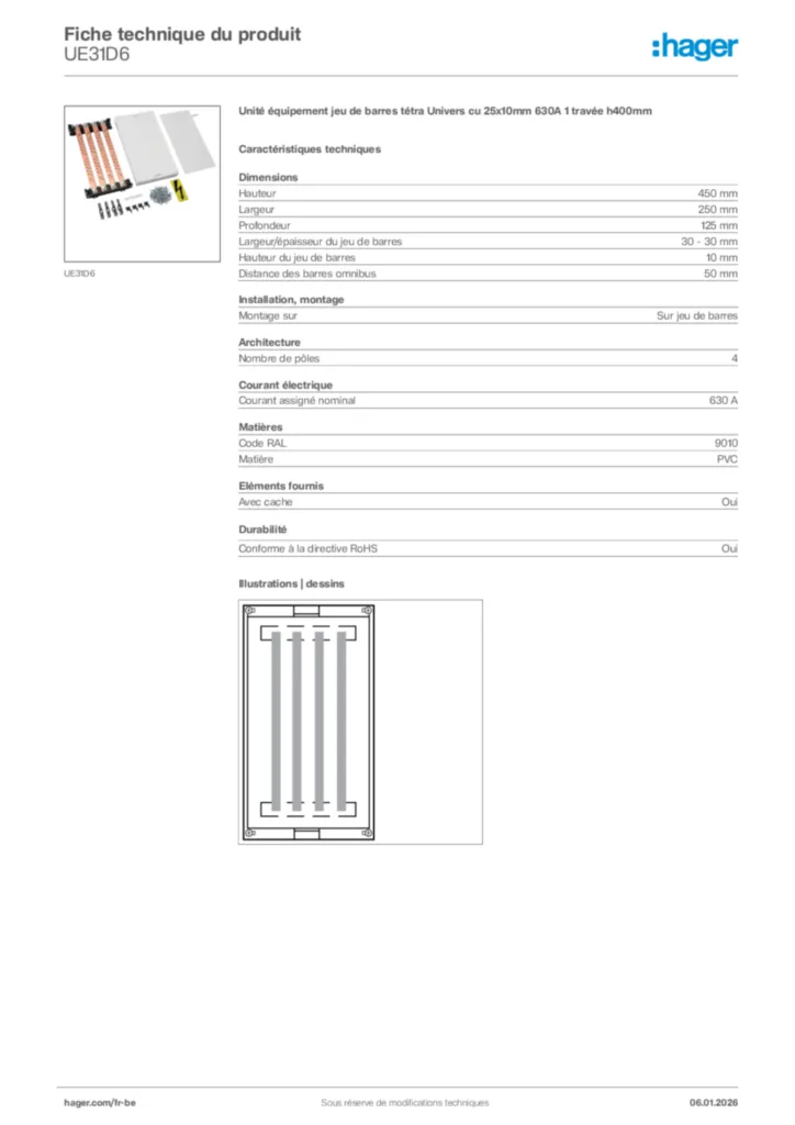 Image Hager Fiche technique du produit UE31D6 | Hager Belgique