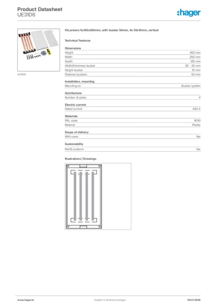 Image Hager Product data sheet UE31D6  | Hager