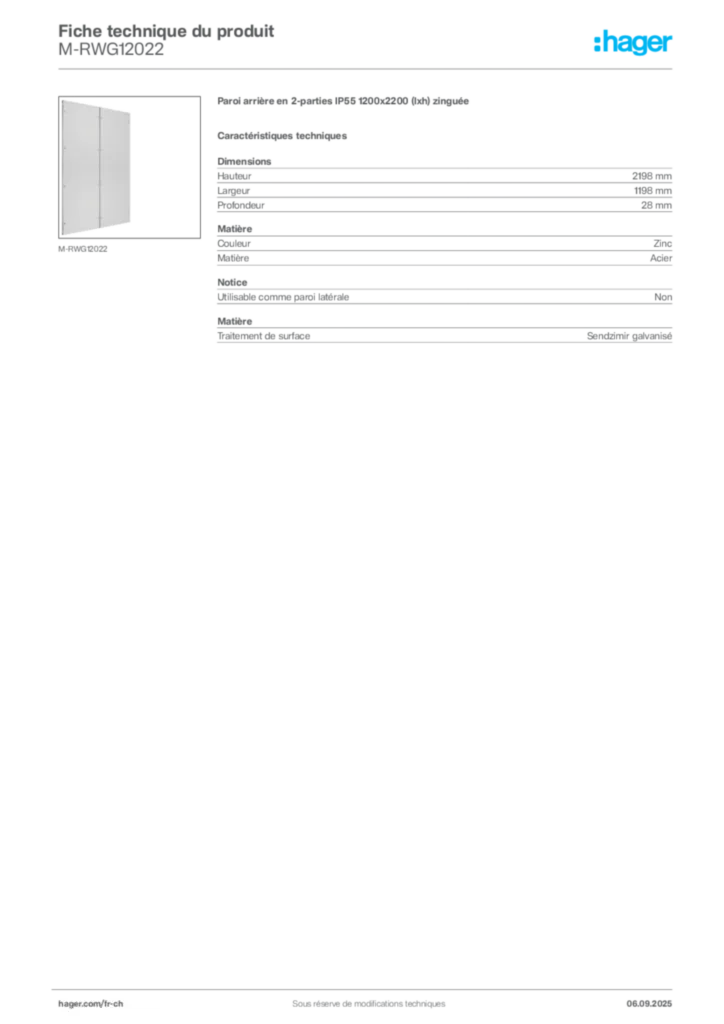 Image Hager Fiche technique du produit M-RWG12022 | Hager Suisse