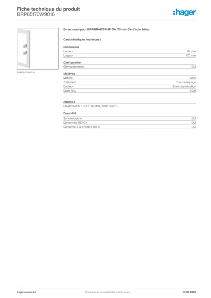 Image Hager Fiche technique du produit BRP65170W9016 | Hager Belgique