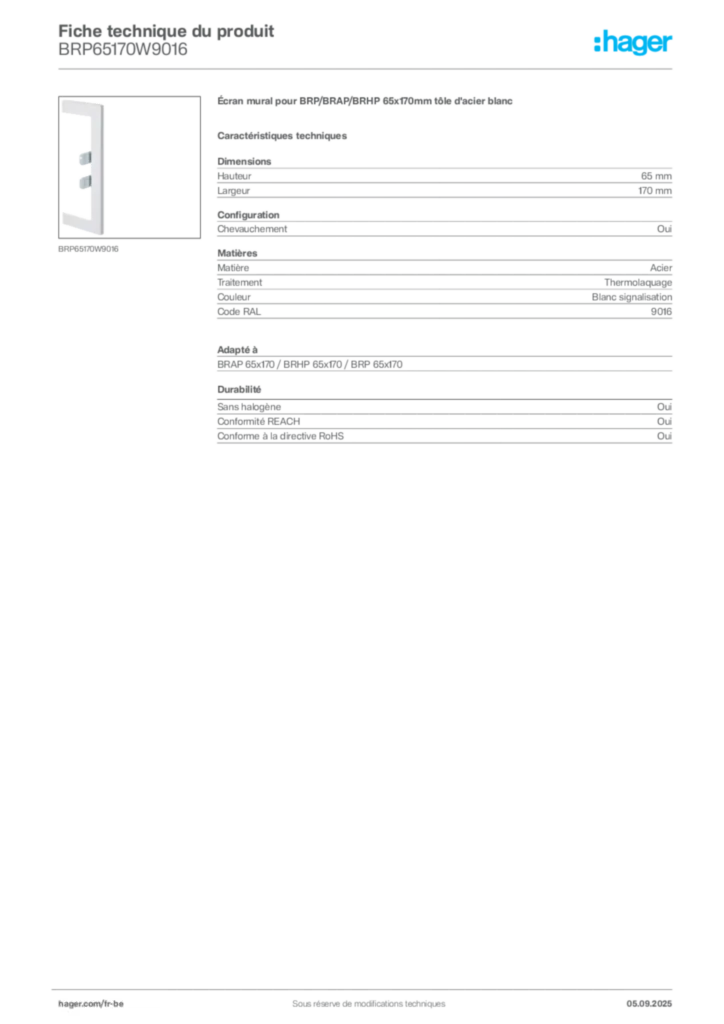 Image Hager Fiche technique du produit BRP65170W9016 | Hager Belgique