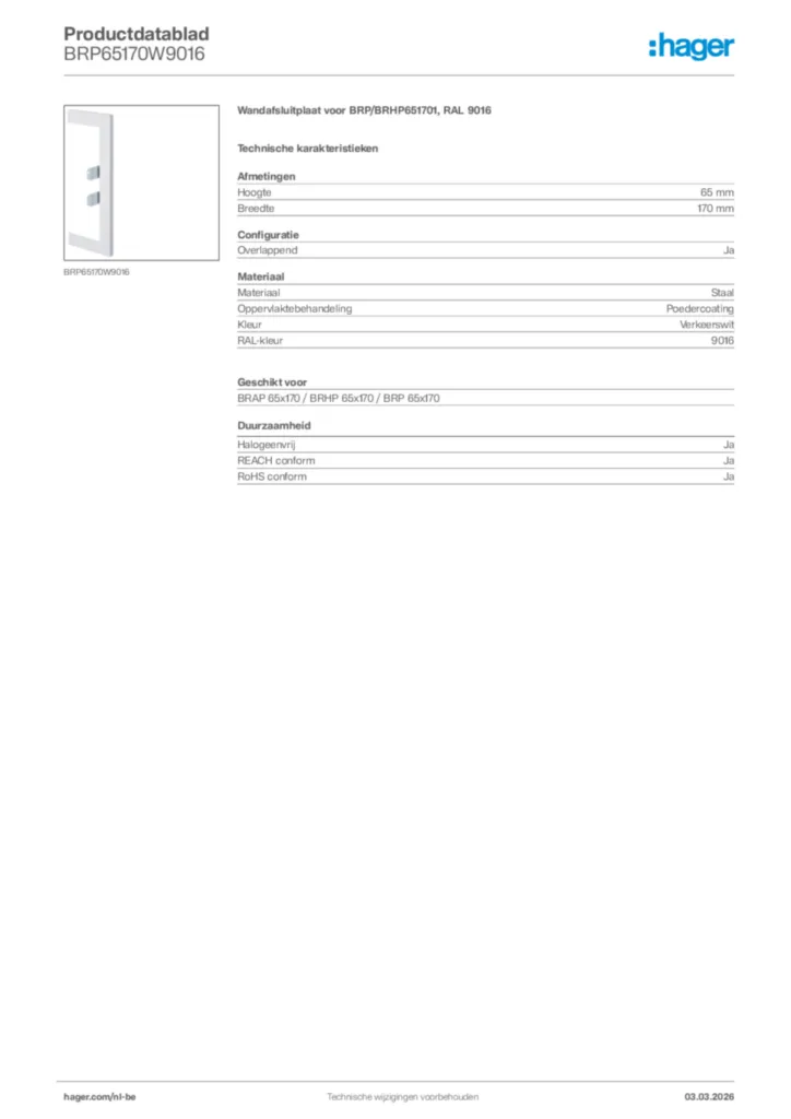 Afbeelding Hager Productdatablad BRP65170W9016 | Hager Belgium