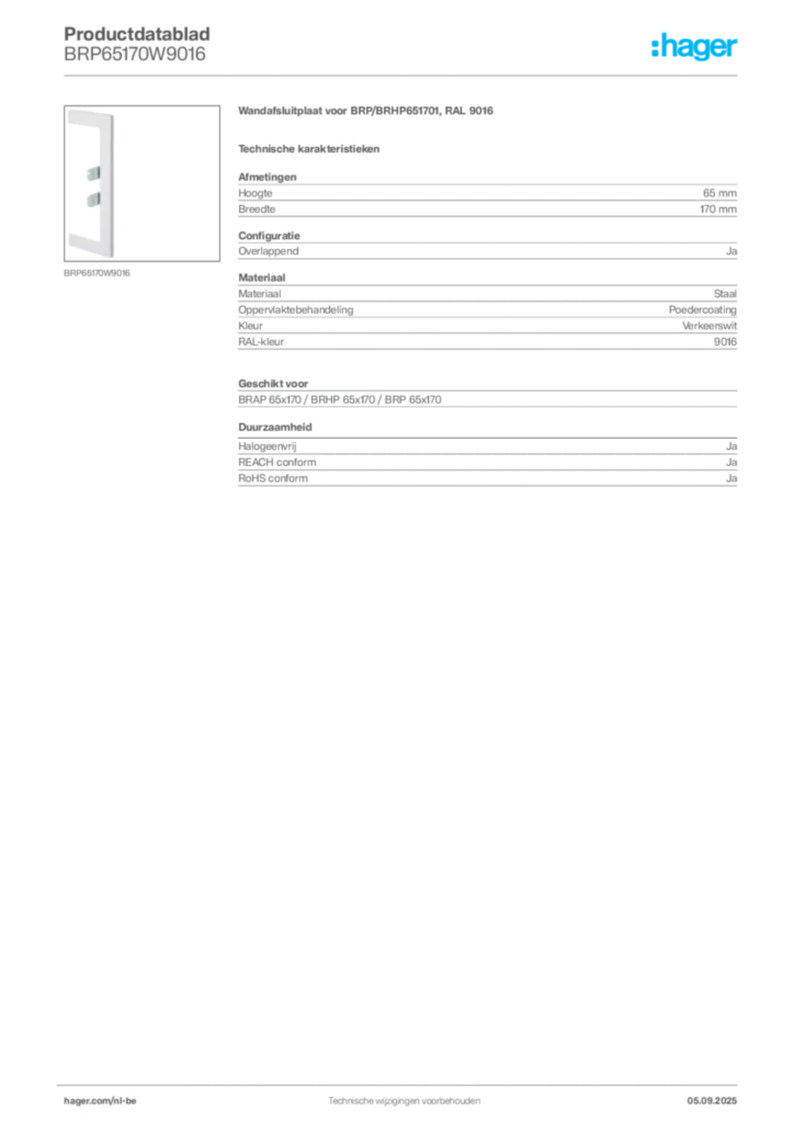 Afbeelding Hager Productdatablad BRP65170W9016 | Hager Belgium