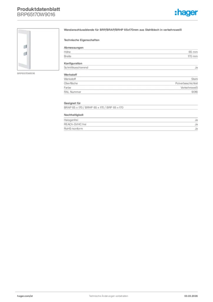 Bild Hager Produktdatenblatt BRP65170W9016 | Hager Deutschland