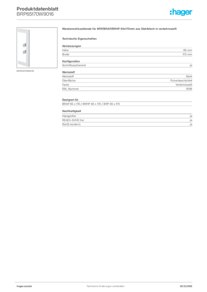 Bild Hager Produktdatenblatt BRP65170W9016 | Hager Deutschland