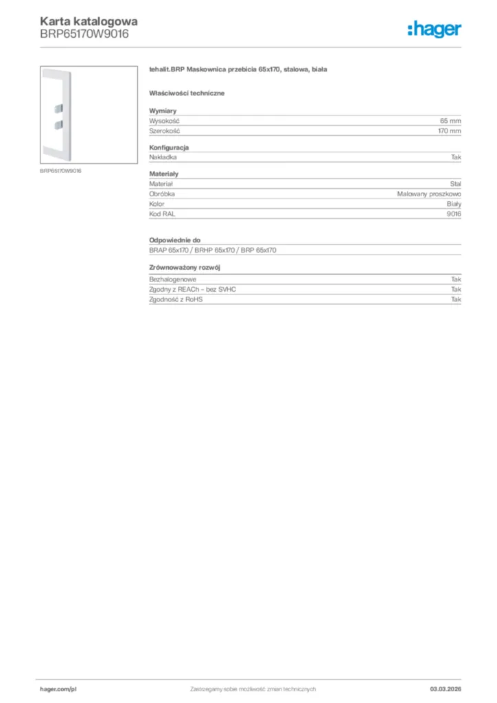 Zdjęcie Hager Karta katalogowa BRP65170W9016 | Hager Polska
