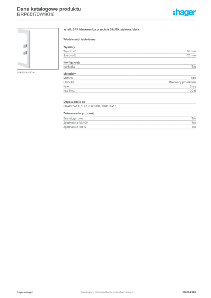 Zdjęcie Hager Dane katalogowe produktu BRP65170W9016 | Hager Polska