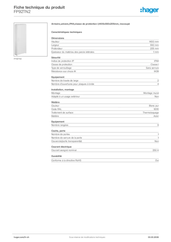Image Hager Fiche technique du produit FP92TN2 | Hager Suisse