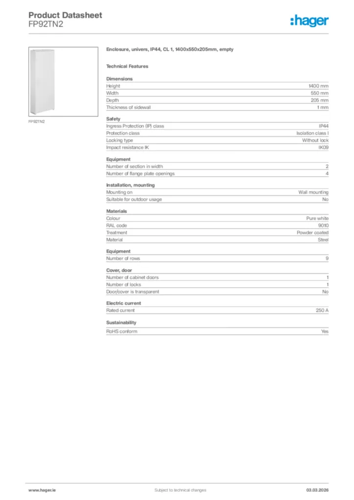 Image Hager Product data sheet FP92TN2  | Hager