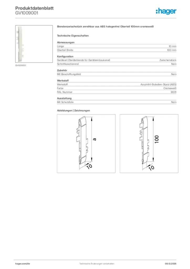 Bild Hager Produktdatenblatt GV1009001 | Hager Deutschland