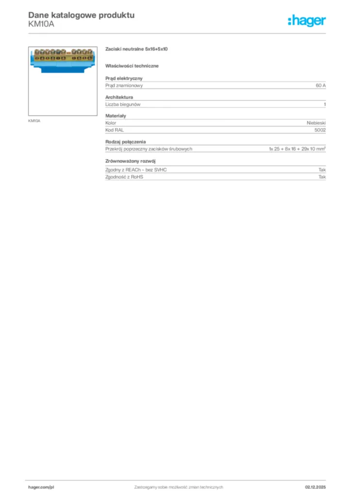 Zdjęcie Hager Dane katalogowe produktu KM10A | Hager Polska