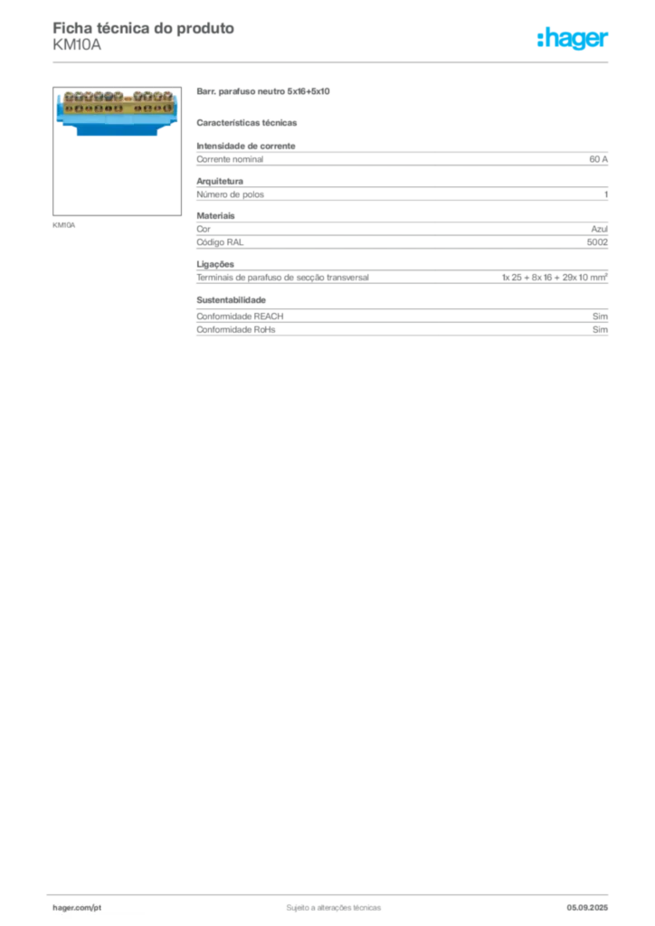 Imagem Hager Ficha técnica do produto KM10A | Hager Portugal