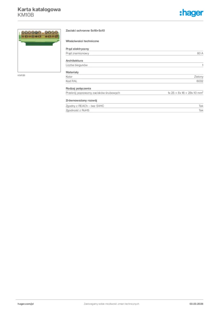 Zdjęcie Hager Karta katalogowa KM10B | Hager Polska