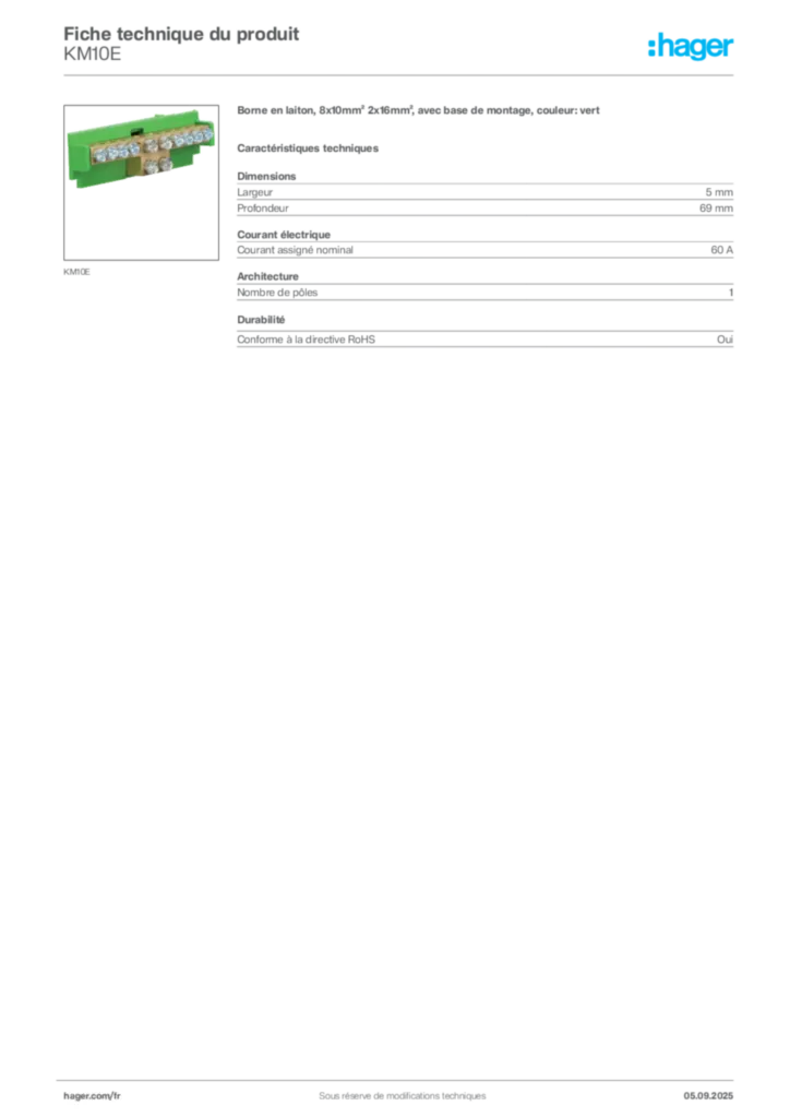 Image Hager Fiche technique du produit KM10E | Hager France