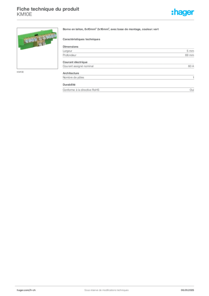 Image Hager Fiche technique du produit KM10E | Hager Suisse