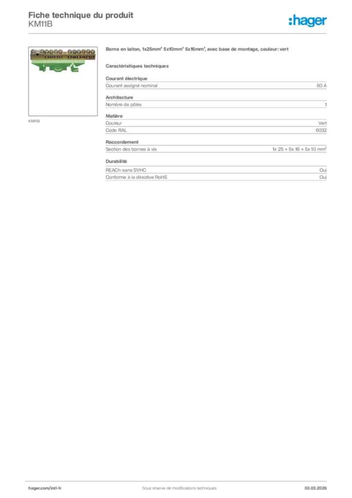 Image Hager Fiche technique du produit KM11B | Hager Afrique