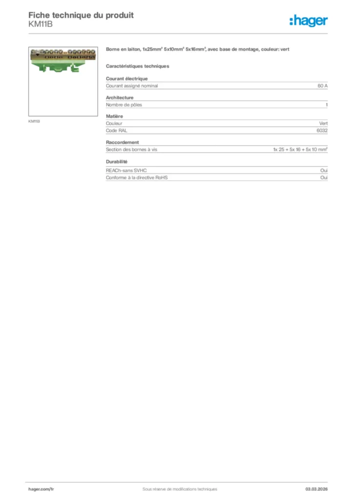 Image Hager Fiche technique du produit KM11B | Hager France