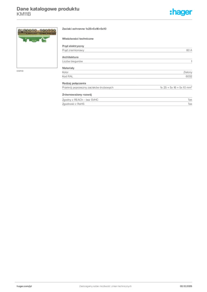Zdjęcie Hager Dane katalogowe produktu KM11B | Hager Polska